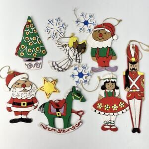 VTG Lot of 11 Hand Painted Flat Wooden Christmas Ornaments Santa Angel Elf Tree